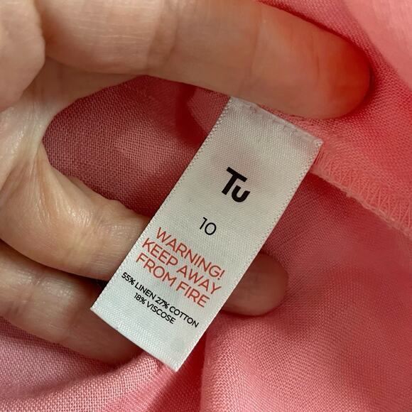 Tu Woman Linen Blend Shirt Size 10 Pink Roll Tab Sleeve Button Down Casual Woven - Picture 6 of 9